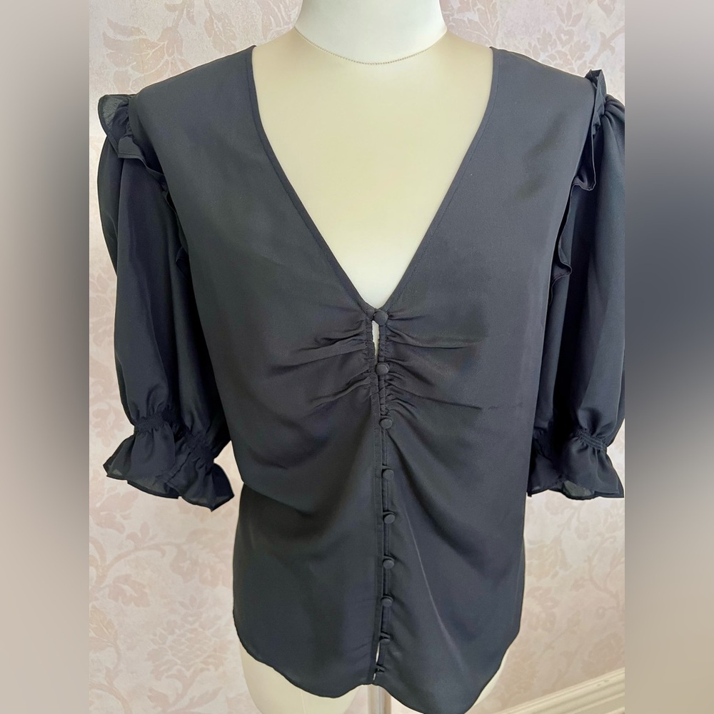 NWT- Joie short sleeve Black Ruched button up Blouse with Puff Sleeves